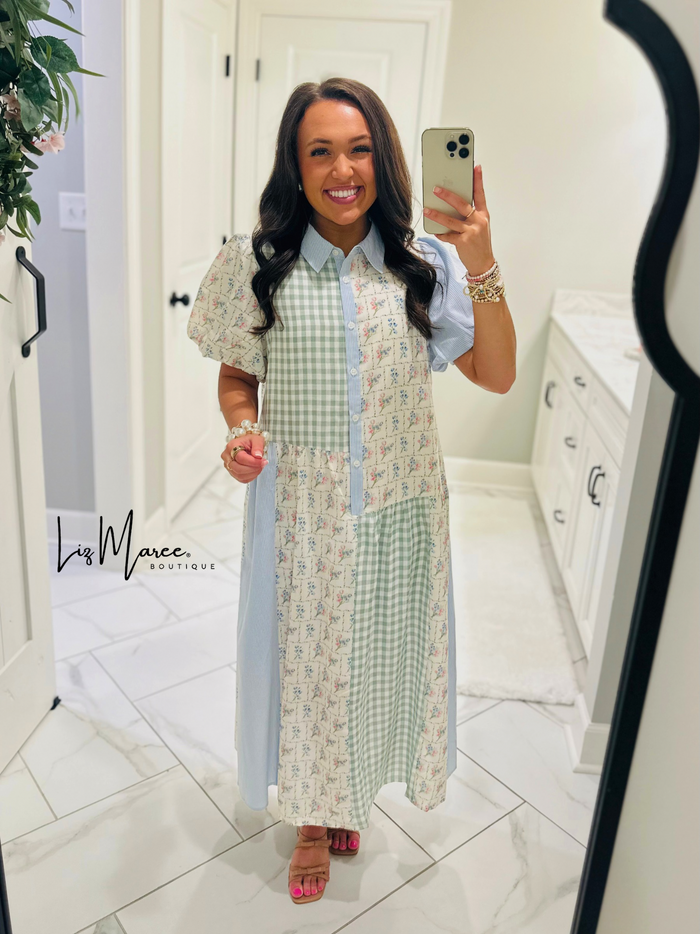 The Mae Blue + Mint Patchwork Midi Dress